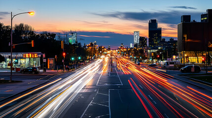 Obraz premium Dynamic City Street At Dusk With Light Trails From Traffic In Motion Blur Capturing Urban Energy