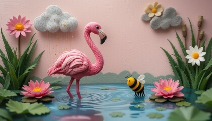 Pink Flamingo and Bumblebee by a Pond Under a Rainy Cloud in a Whimsical Garden