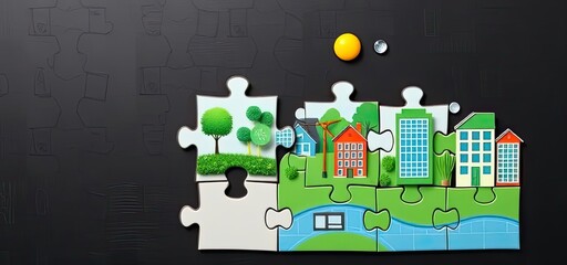 Sustainable City Puzzle Eco Friendly Buildings Green Energy and Renewable Resources