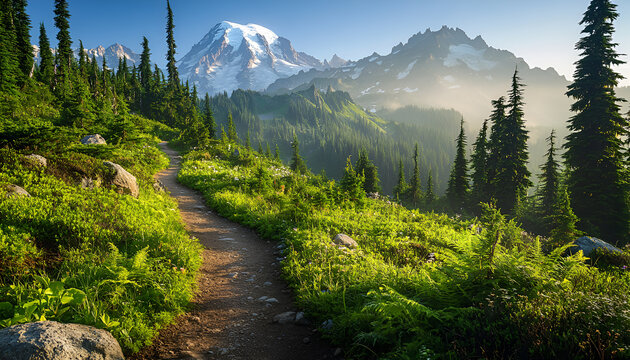 Scenic mountain path leading to majestic peaks with lush greenery and clear blue skies