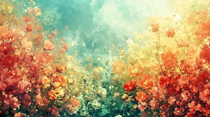 A lush garden filled with blooming flowers in shades of orange, pink, and yellow creates a dreamy atmosphere during sunset. The soft light enhances the colors and textures