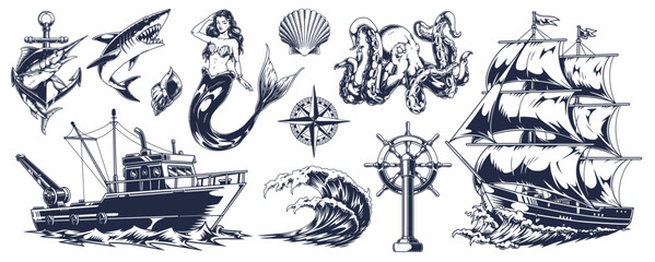 Nautical themed illustrations with sea creatures