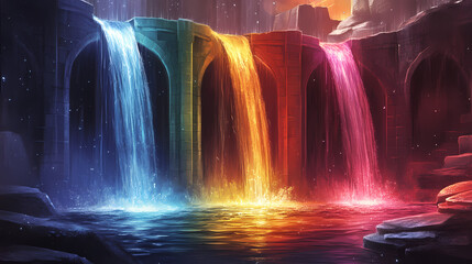 Chromatic cascade, three mystical waterfalls in a stone sanctuary setting. Chromatic Luminance. Illustration