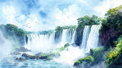 Fototapeta premium Breathtaking waterfalls tumble down rocky cliffs, surrounded by vibrant vegetation. The warm sunlight reflects off the mist, creating a lively atmosphere with a few birds flying above