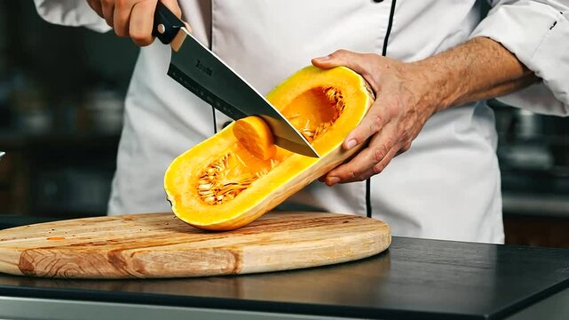 Frames Chef slicing through a squash in slow motion, with the knife gliding sm s-vivid, a-2, 7007281