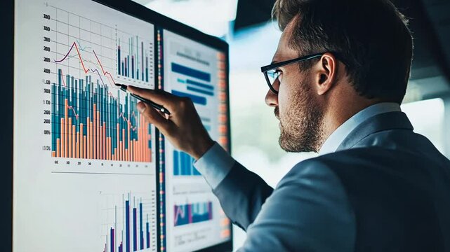 Professional analyst examining financial data on multiple computer screens displays