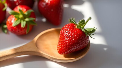 A close-up photograph of a juicy red strawberry with a green leafy top, placed on a wooden spoon. The strawberry is centered on the spoon, which rests on a rustic wooden surface. 