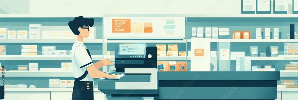 Poster Smart cashier operates automated checkout system in modern supermarket setting, highlighting efficiency in retail shopping experience