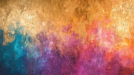 A vibrant abstract mural features a blend of gold, orange, purple, and blue hues, creating a dynamic backdrop in an elegant modern space, enhancing its aesthetic appeal