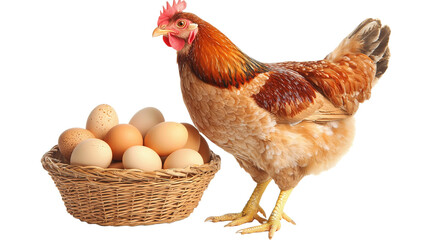 Fototapeta premium Chicken and basket of eggs farmyard setting photography isolated environment close-up domestic life