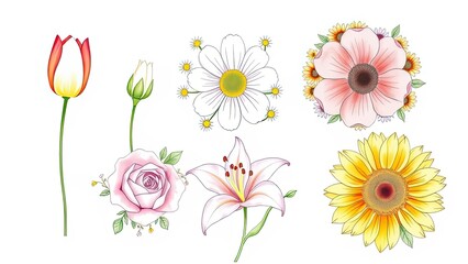 Floral Designs Tulips Roses Lilies Sunflowers Daisies Botanical Illustrations