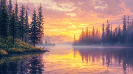 A serene lake captures the vibrant colors of sunrise, with tall pine trees lining the shore and soft mist hovering over the water, creating a peaceful atmosphere