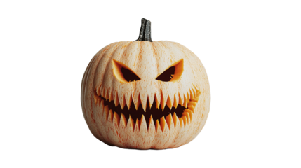 Spooky carved pumpkin with menacing face halloween decorative art isolated close-up festive concept