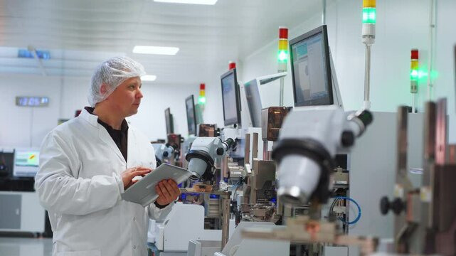 Technologist engineer technician high-level specialist collects data from high-precision microcircuit manufacturing machine at microcircuit factory. Engineer young man, modern semiconductor factory.