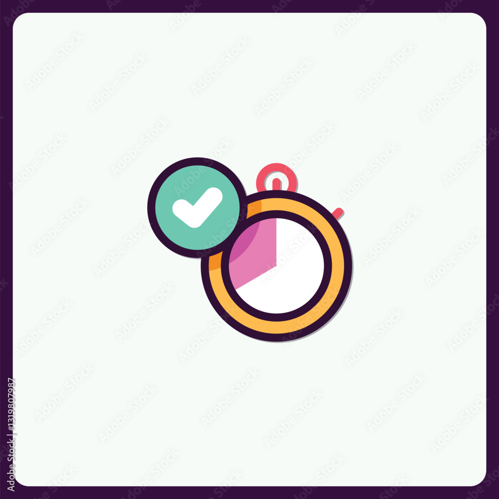 Poster time management icon with checkmark for task completion and scheduling