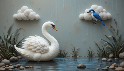 Obraz premium Serene White Swan and Bluebird in a Rainy Pond Scene Peaceful Nature Artwork