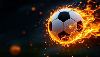 Naklejka premium A soccer ball engulfed in flames, flying towards a net. The ball is colored in white and black, and is surrounded by bright orange and yellow flames