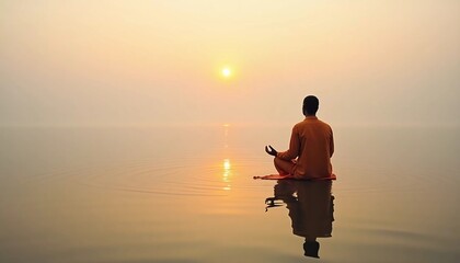 Obraz premium As the sun rises over the Ganges River, a monk sits in deep meditation on the calm water, enveloped in tranquility and golden hues. This moment captures the essence of inner peace AI