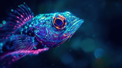 Fototapeta premium A brightly colored fish swims gracefully through a dark and luminous underwater habitat, showcasing iridescent scales and vivid fins. Its large eye reflects the magical glow of the surrounding waters