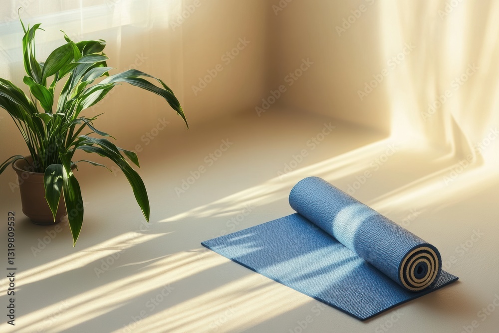 Aufkleber Minimalistic yoga mat placed diagonally on light background with serene atmosphere and ample space for relaxation and mindfulness practice