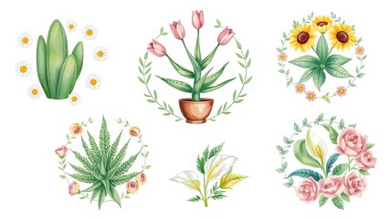 Watercolor Floral Wreath Set Tulips Roses Sunflowers Cactus Calla Lilies