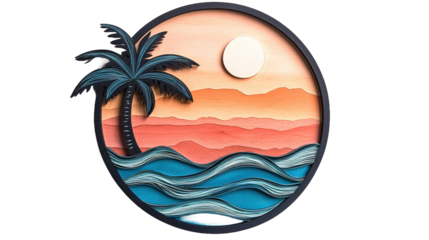 Tranquil beach sunset with waves and palm silhouette - a serene coastal escape digital artwork