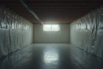 an empty room with a light shining through the window