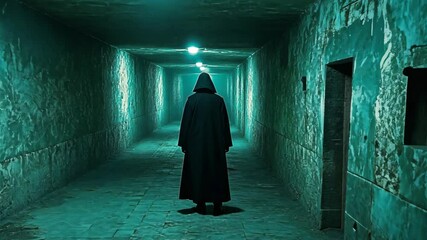 Mysterious figure in dark cloak standing in eerie illuminated corridor