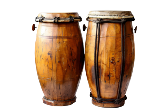 Handcrafted congas with detailed carving and reinforced rims isolated on transparent background