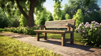 Fototapeta premium A photo of a garden with a wooden bench