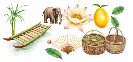 Asian Culture Elements Elephant Lotus Bamboo Raft Baskets Fan
