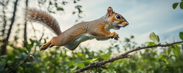 Obraz premium A small grey squirrel leaps across a branch in nature