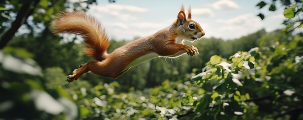 A brown squirrel jumping midair amidst green foliage and sky