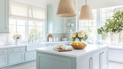 Coastal kitchen with soft blue cabinetry and bright natural light in a relaxed seaside home