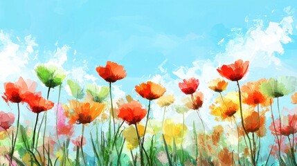 Naklejka premium A vibrant garden filled with various blooming flowers under a clear blue sky. The lively colors create a cheerful atmosphere, showcasing nature's beauty in spring