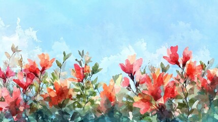 A vibrant display of colorful flowers fills the lower part of the view, contrasting beautifully against a bright blue sky adorned with soft, fluffy clouds