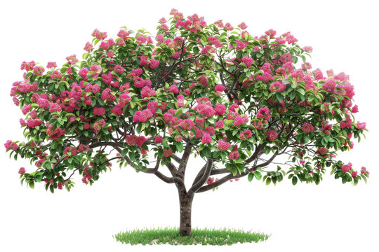 Small crabapple tree showcasing vibrant fruit in the fall season, set in a tranquil garden setting isolated on transparent background