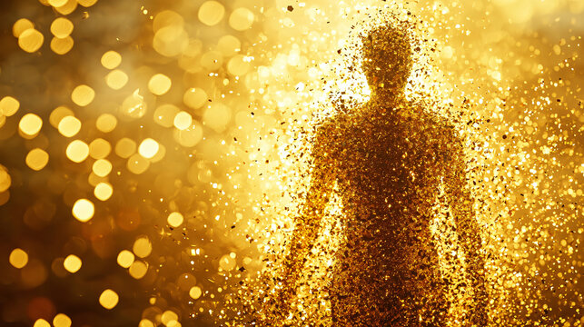 A surreal meditative figure dissolving into golden dust, symbolizing spiritual transcendence and the art of letting go.