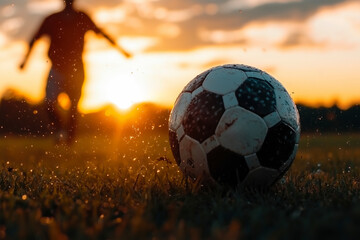 Fototapeta premium Sunset Soccer: A Stunning Silhouette of a Player and a Ball on the Field