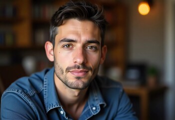 Obraz premium A young male resident of Israel showcases a thoughtful expression, seated comfortably in a warmly lit indoor space filled with books and decor. His focused gaze reveals a story waiting to be told AI
