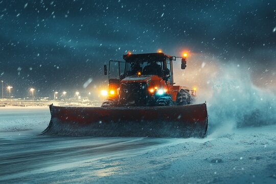 A massive snowplow clearing an airport runway at night, with the driver visible in the cab and the machines lights illuminating snow.Road clearing.Snowplow driver.Snow removal.