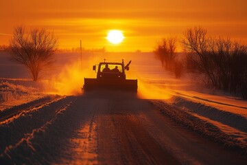 Fototapeta premium A snowplow clearing a rural road at sunrise, with the driver waving to a passing car, creating a sense of community in the harsh winter.Snow removal.Road clearing.Snowplow driver.