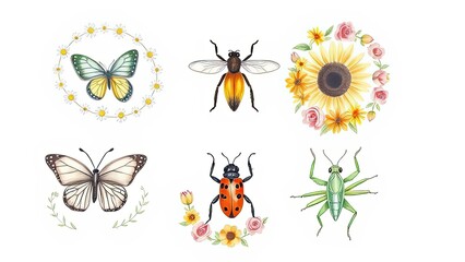 Watercolor Insects Flowers Butterfly Bee Ladybug Mantis Floral Wreaths