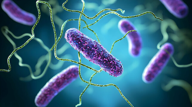 Microscopic View of Purple and Pink Bacteria With Green Filamentous Structures in a Blue and Teal Background