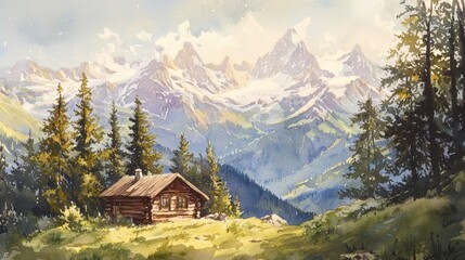 Fototapeta premium A rustic wooden cabin sits peacefully in a vibrant green meadow surrounded by tall trees and majestic mountains. Sunlight illuminates the snow-capped peaks in the background