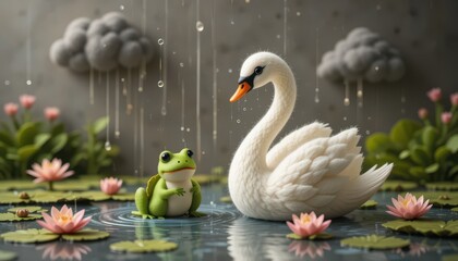 Obraz premium Serene Swan and Frog Friends in Rainy Lily Pond Whimsical 3D Render Illustration
