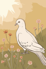 A soft serene landscape with a pigeon and wildflowers