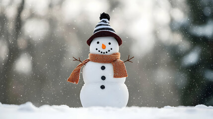 Fototapeta premium A Cheerful Snowman in a Snowy Winter Wonderland Embraces The Festive Holiday Season With A Knitted Scarf and Hat