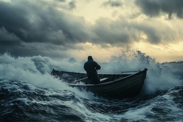Cold water fishing,fisherman icy water,arctic fisherman.A dramatic scene of a fisherman battling rough, icy waves in a sturdy boat