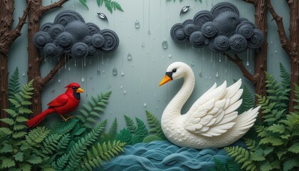 Fototapeta premium Serene Swan and Cardinal in Rainy Forest Intricate Paper Art Scene